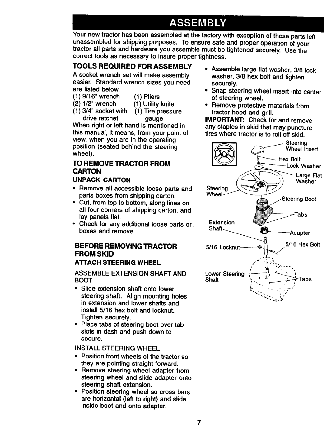 Craftsman 917.27076 manual Before Removing Tractor From Skid Attach Steering Wheel 