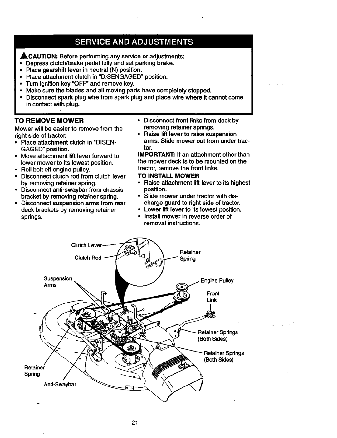 Craftsman 917.27077 manual To Remove Mower, To Install Mower 