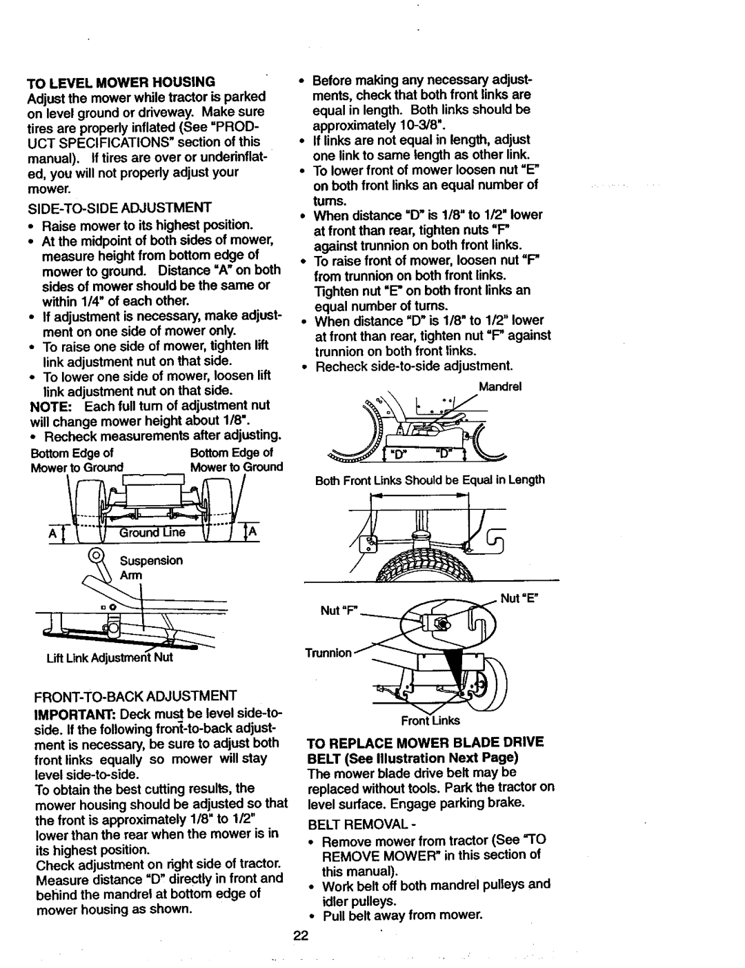 Craftsman 917.27077 manual Tolevelmowerhousing, FRONT-TO-BACK Adjustment, SIDE-TO-SIDE Adjustment, Belt Removal 