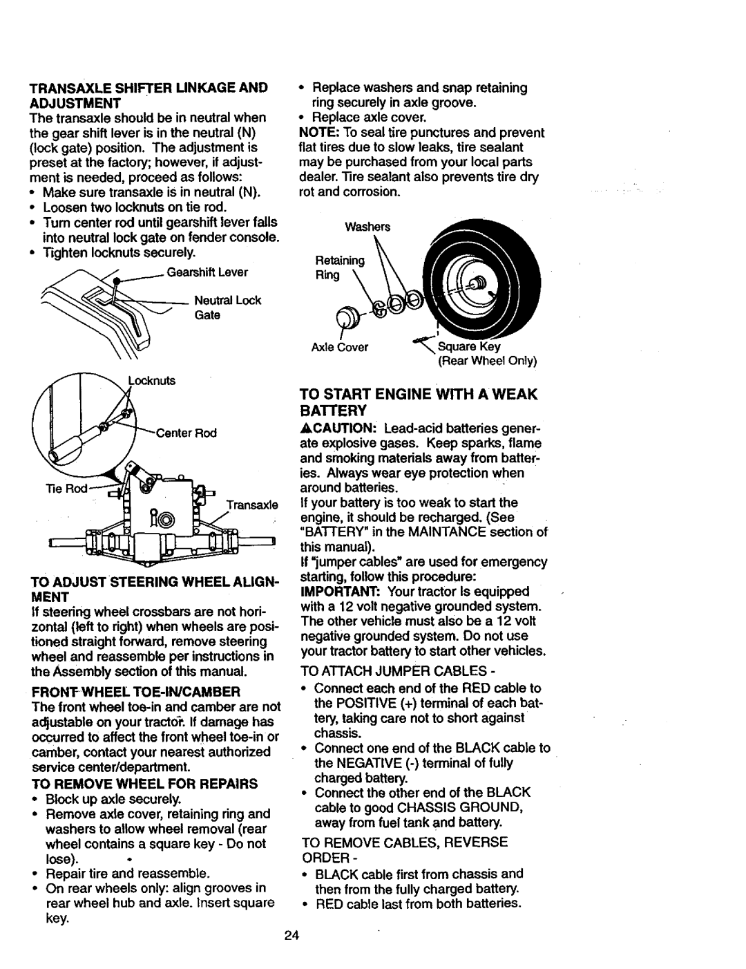 Craftsman 917.27077 manual To Start Engine with a Weak Battery, To Adjust Steering Wheel Align 