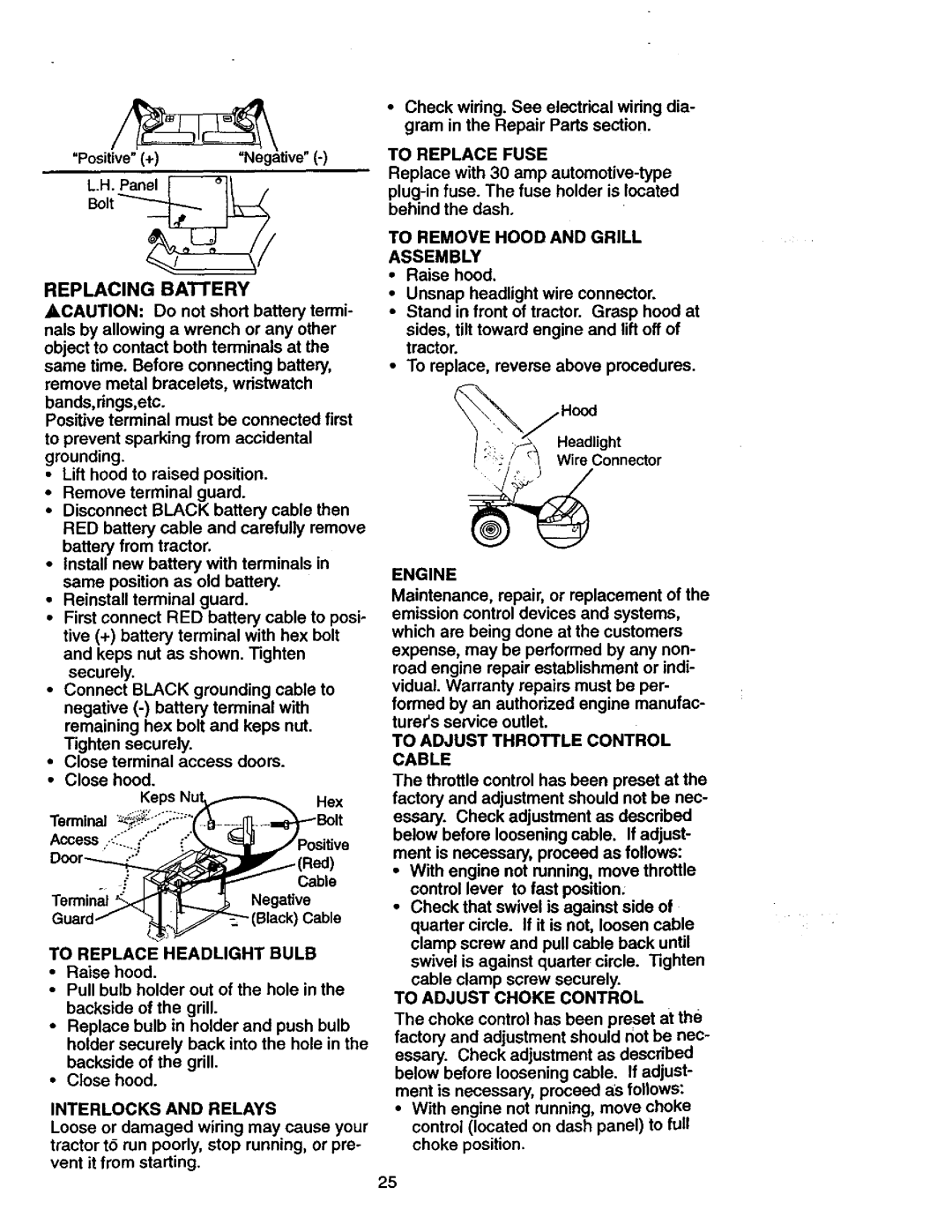 Craftsman 917.27077 manual Replacing Battery, To Adjust Throttle Control Cable, To Adjust Choke Control 