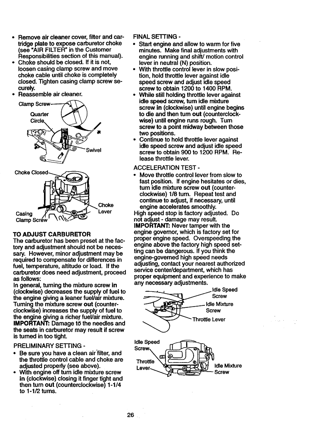 Craftsman 917.27077 manual To Adjust Carburetor, Preliminary Setting, Final SEI-IING, Acceleration Test 