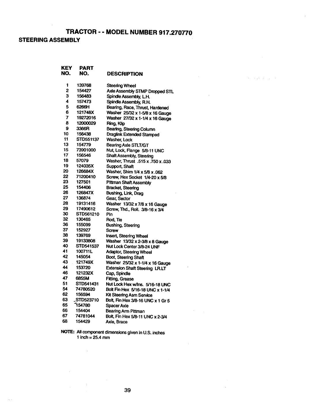 Craftsman 917.27077 manual Tractor - Model Number 917,270770 Steering Assembly, KEY Part NO. NO. Description 