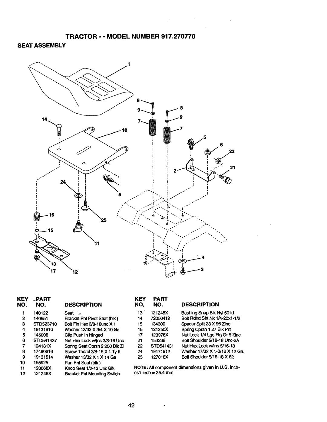 Craftsman 917.27077 manual Tractor - Model Number Seat Assembly, KEY -PART NO. no 
