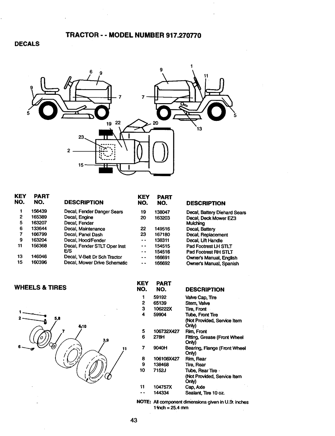 Craftsman 917.27077 manual Decals, Key, Wheels & Tires, Part DESCRIP11ON 