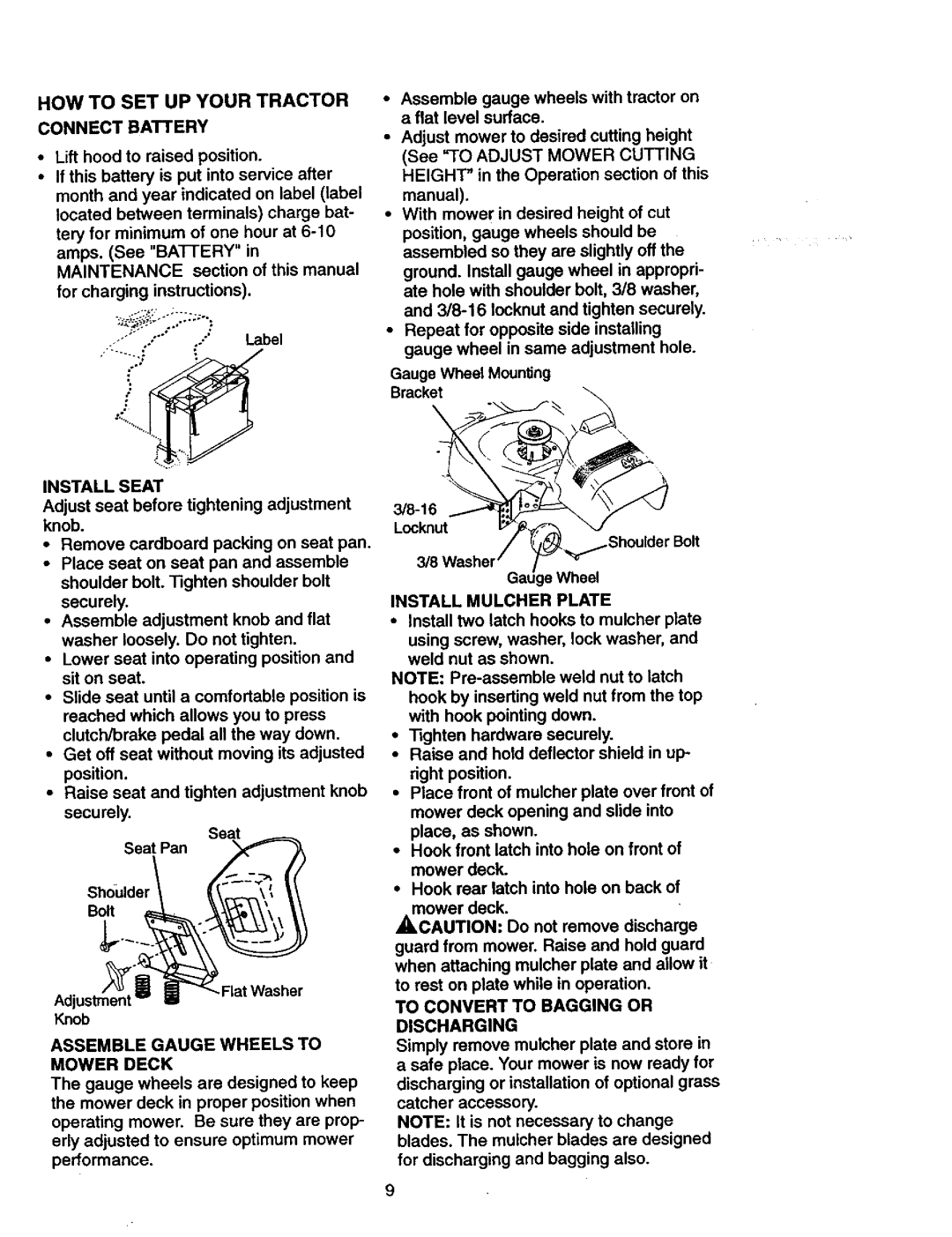 Craftsman 917.27077 manual HOW to SET UP Your Tractor Connect Battery, Install Seat, Assemble Gauge Wheels to Mower Deck 