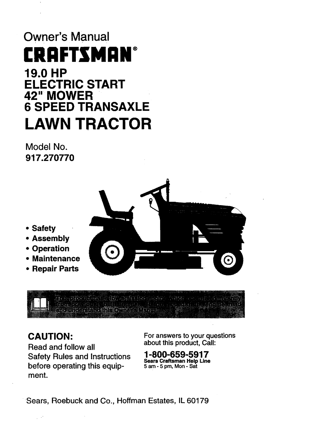 Craftsman manual 917.270770, •Safety •Assembly •Operation •Maintenance, Repair Parts, Read and follow all, Lawn Tractor 