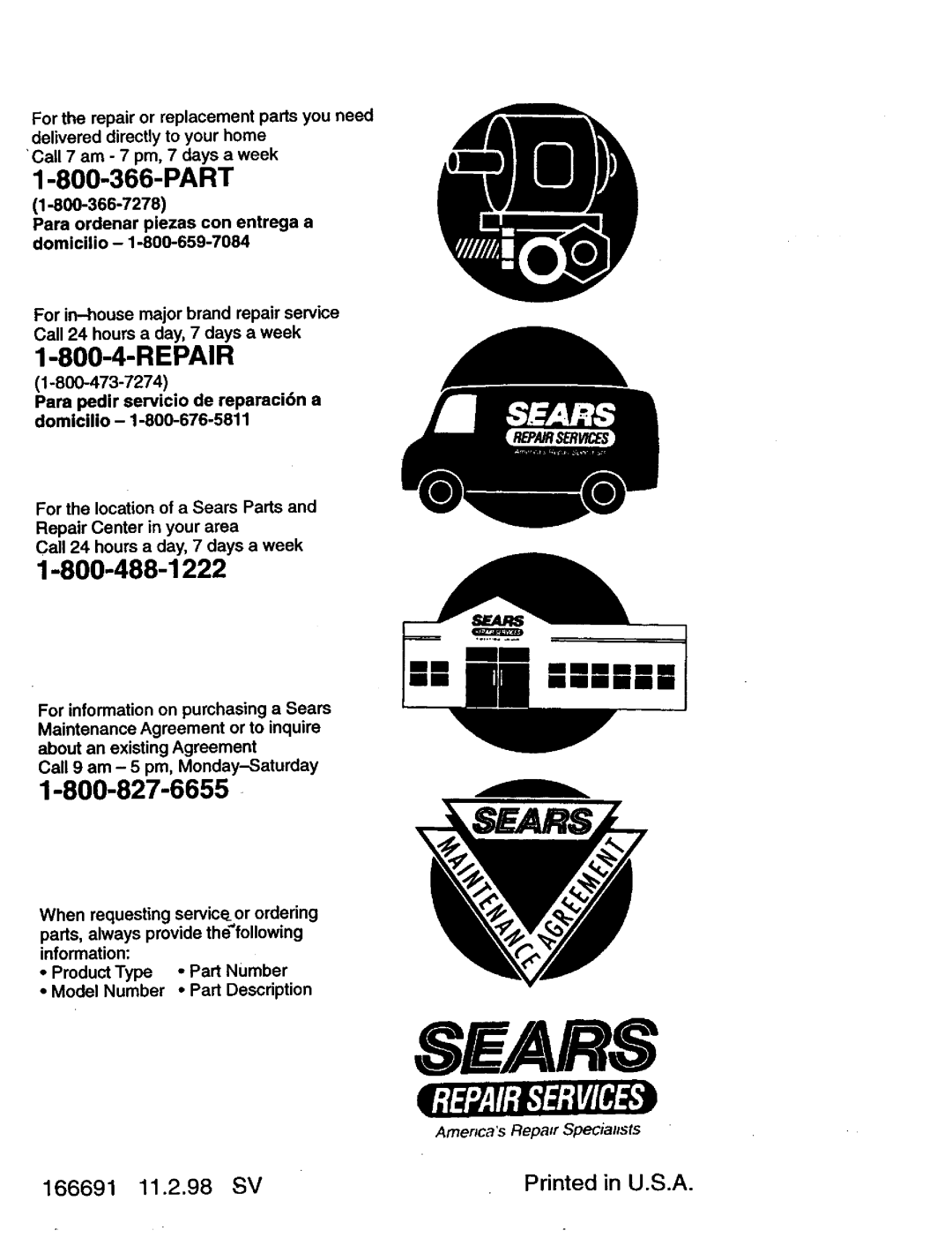 Craftsman 917.27077 manual Part, Repair, 1-800-488-1222, 11.2.98 SV, Printed in U.S.A, Sears, mmmmmm mmmmnm, 166691 