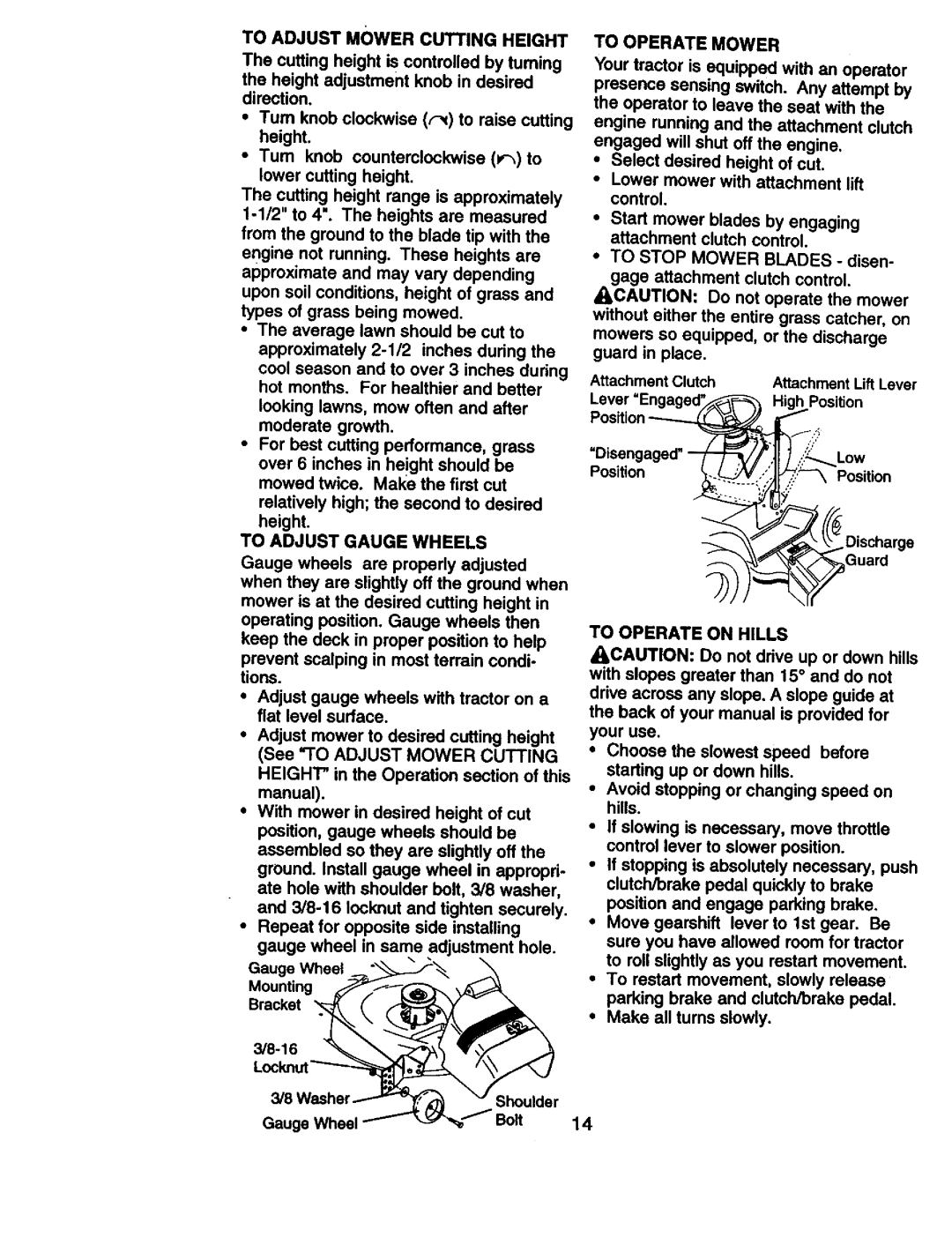 Craftsman 917.270814 owner manual To Adjust Mower Cutting Height, To Adjust Gauge Wheels, Bracket, Positin =Disengaged Low 