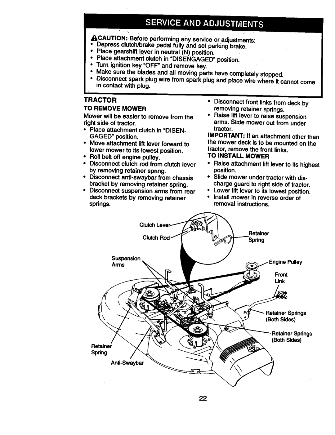 Craftsman 917.270814 owner manual Tractor To Remove Mower, To Install Mower 