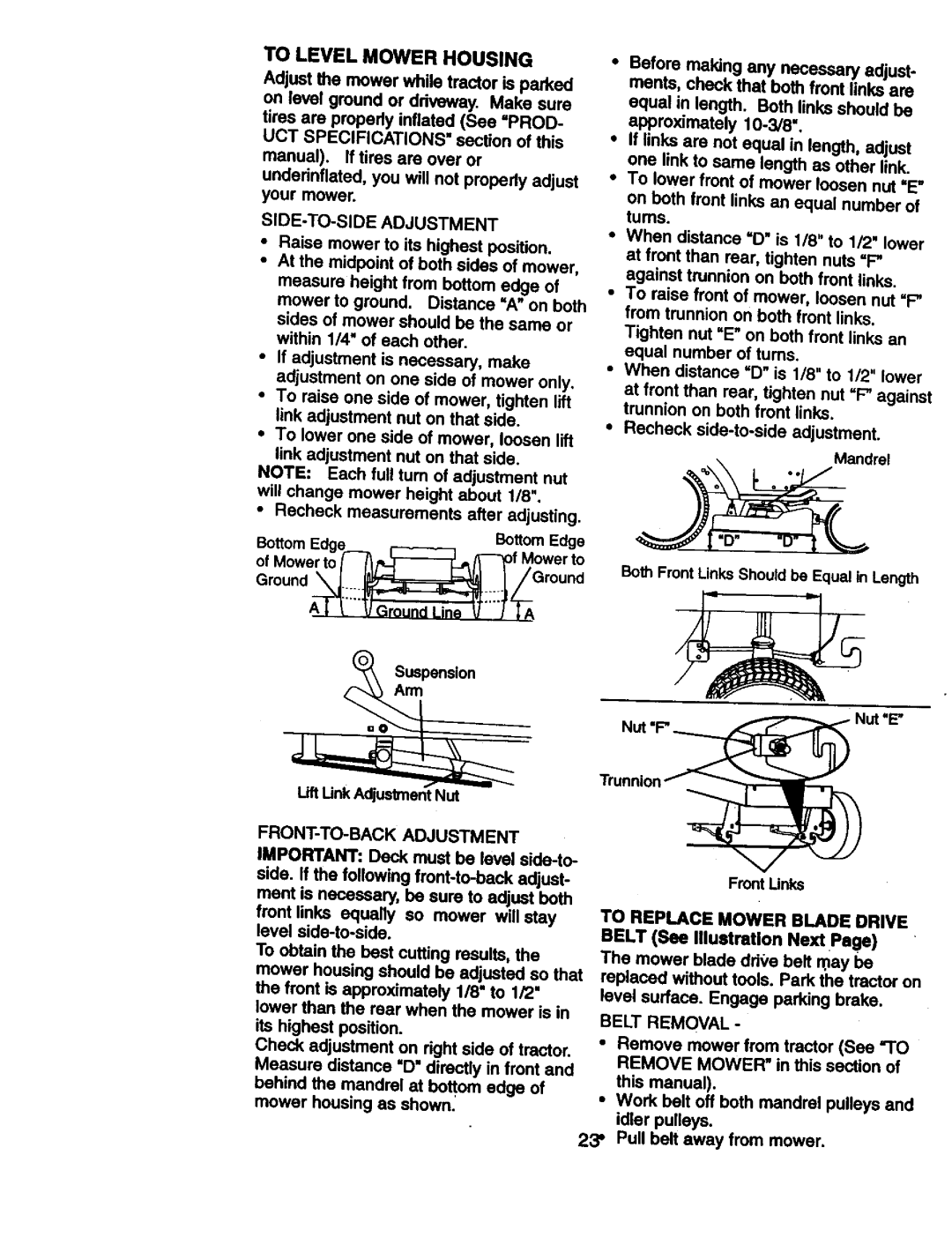 Craftsman 917.270814 owner manual To Level Mower Housing, SIDE-TO-SIDE Adjustment, FRONT-TO-BACK Adjustment 