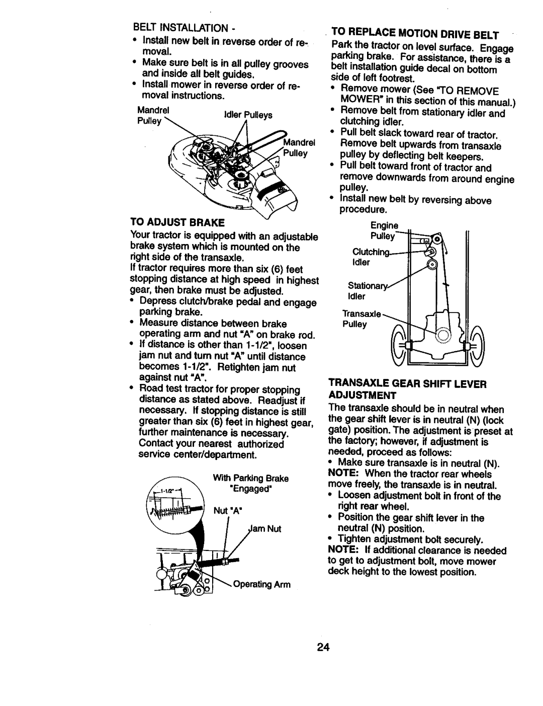 Craftsman 917.270814 owner manual Belt Installation, To Replace Motion Drive Belt, To Adjust Brake 