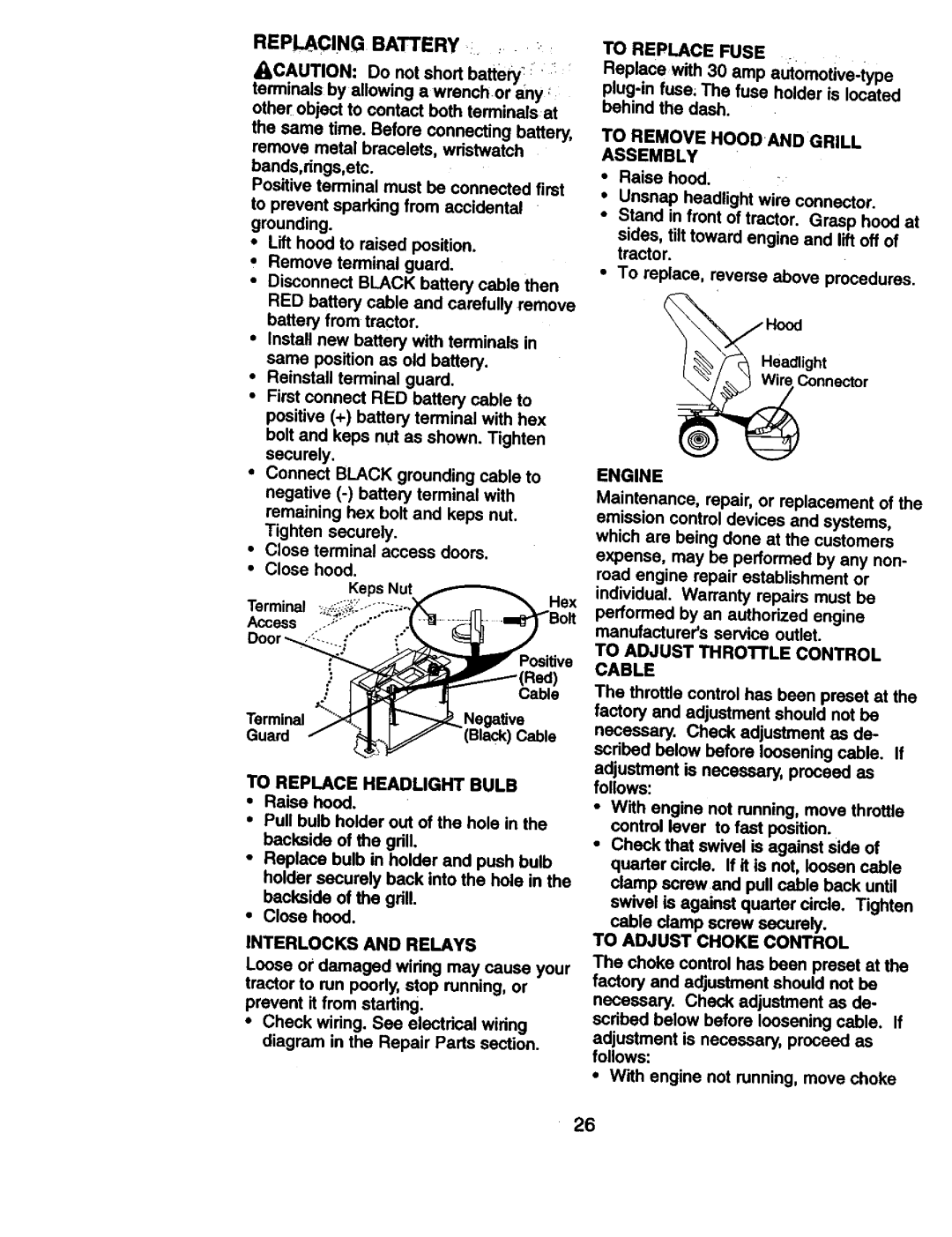 Craftsman 917.270814 Replacing Battery, To Replace Headlight Bulb, Interlocks and Relays, To Replace Fuse, Engine 