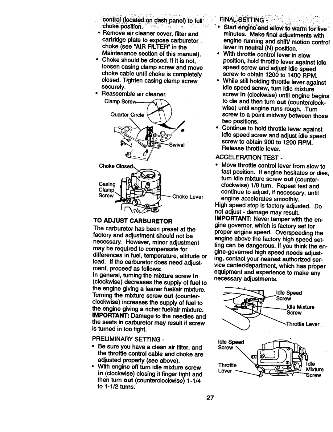 Craftsman 917.270814 owner manual To Adjust Carburetor, Acceleration Test, Idle Speed Screw, Crew, Preliminary Setting 