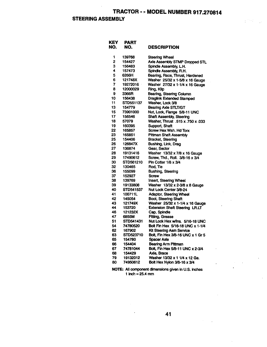 Craftsman 917.270814 owner manual Tractor ,MODEL Number 917,270814 Steering Assembly, KEY Part NO. NO. Description 