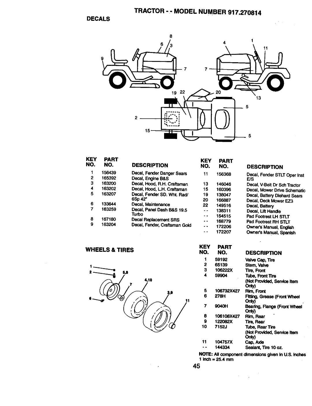 Craftsman 917.270814 owner manual Decals, Tractor -- Model Number, Wheels & Tires, Only3 