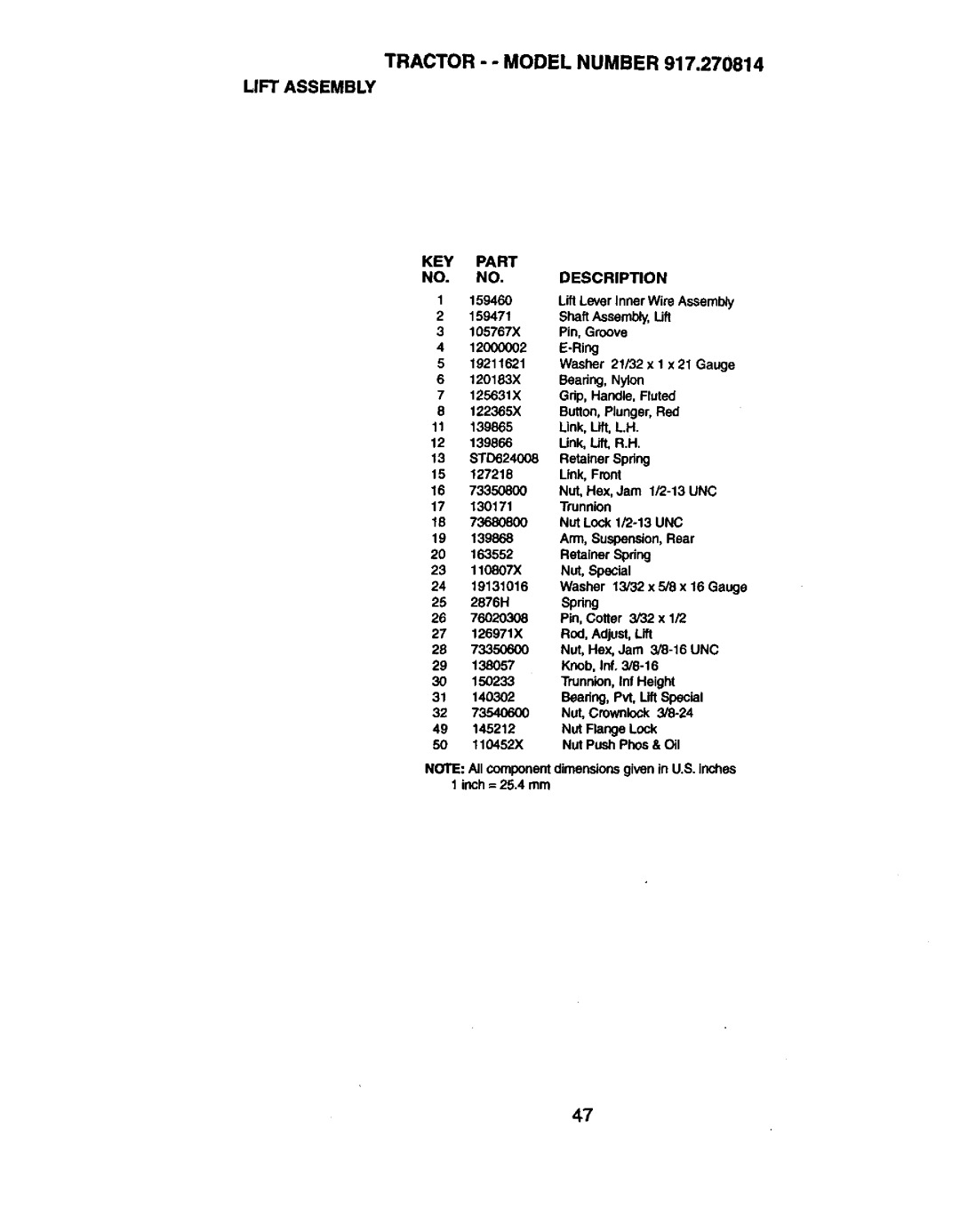 Craftsman 917.270814 owner manual Tractor - Model Number Lift Assembly, KEY Part Description 