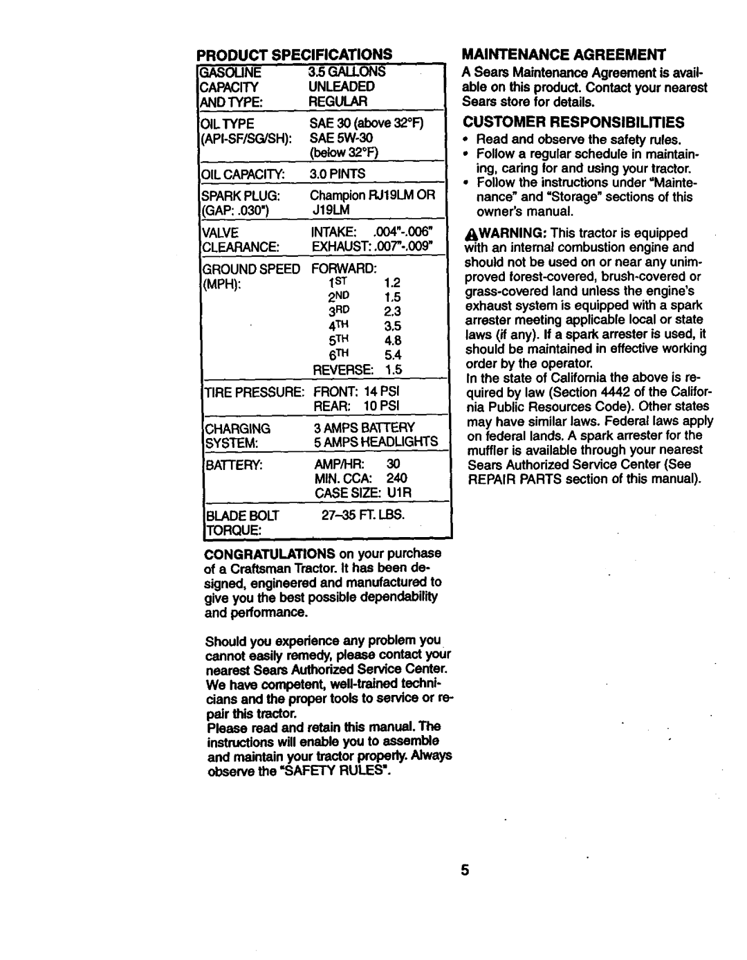 Craftsman 917.270814 owner manual Product Specifications 