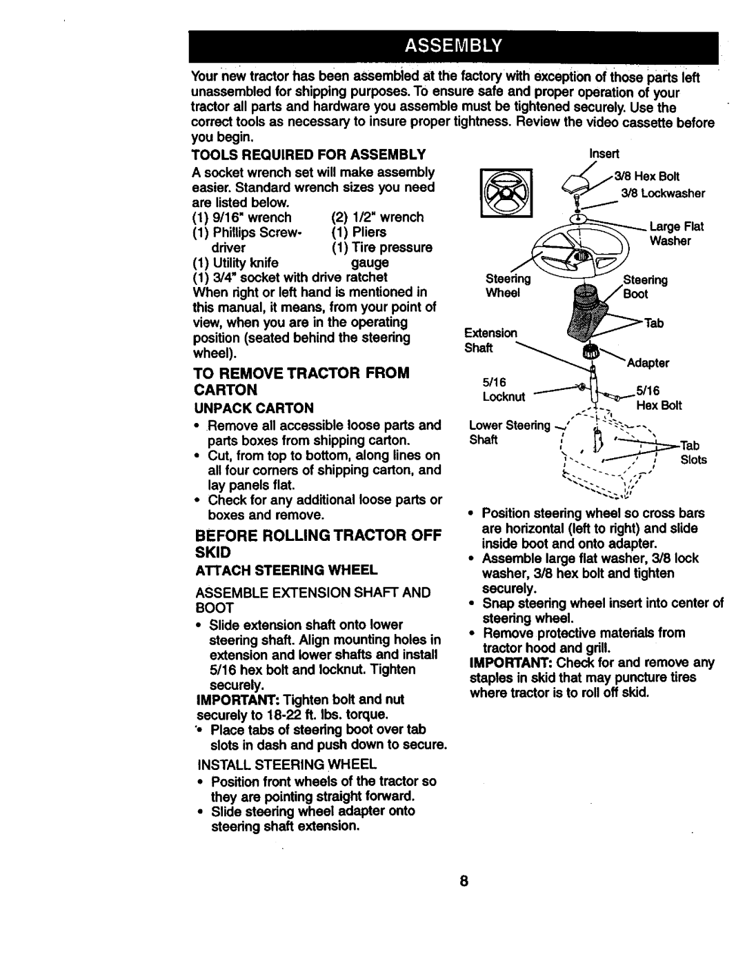 Craftsman 917.270814 Before Rolling Tractor OFF Skid, Assemble Extension Shaft and Boot, Install Steering Wheel 