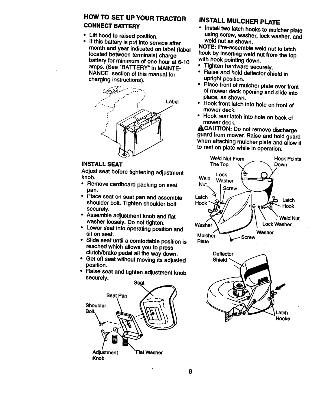 Craftsman 917.270814 owner manual HOW to SET UP Your Tractor Connectbattery, Install Mulcher Plate, Install Seat 