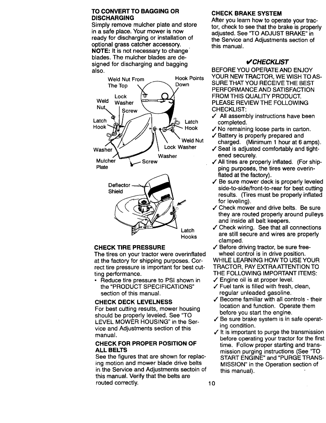 Craftsman 917.270822 To Convert to Bagging or Discharging, Check Brake System, Check Tire Pressure, Check Deck Levelness 