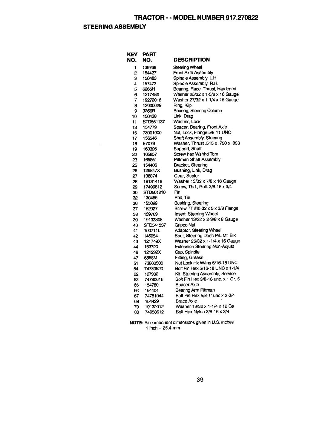 Craftsman 917.270822 owner manual Tractor - Model Number Steering Assembly 