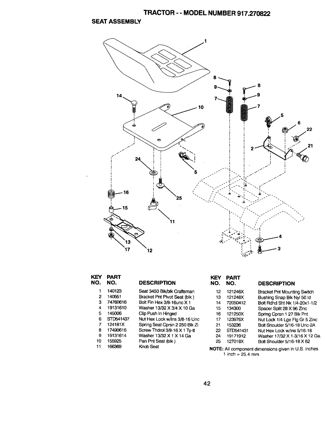 Craftsman 917.270822 owner manual Tractor - Model Number Seat Assembly, KEY Part NO. no 