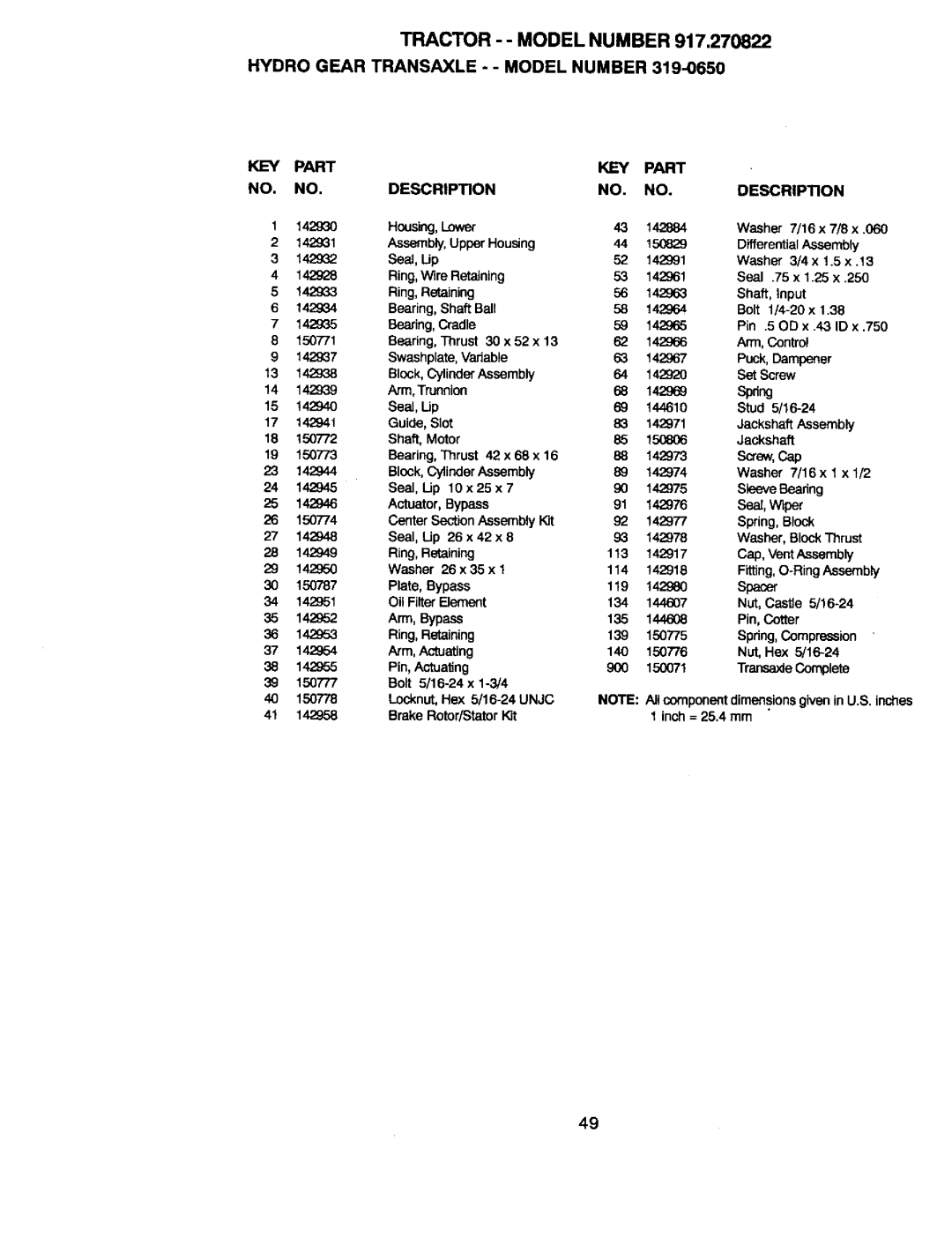 Craftsman 917.270822 Housing,Lower, Assembly,Upper Housing, DifferentialAssembly, Washer 3/4 x1.5 x, Shaft, Input, 142969 