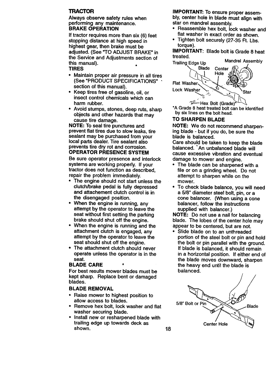 Craftsman 917.270831 Brake Operation, Tires, Operator Presence System, Blade Care, Blade Removal, To Sharpen Blade 