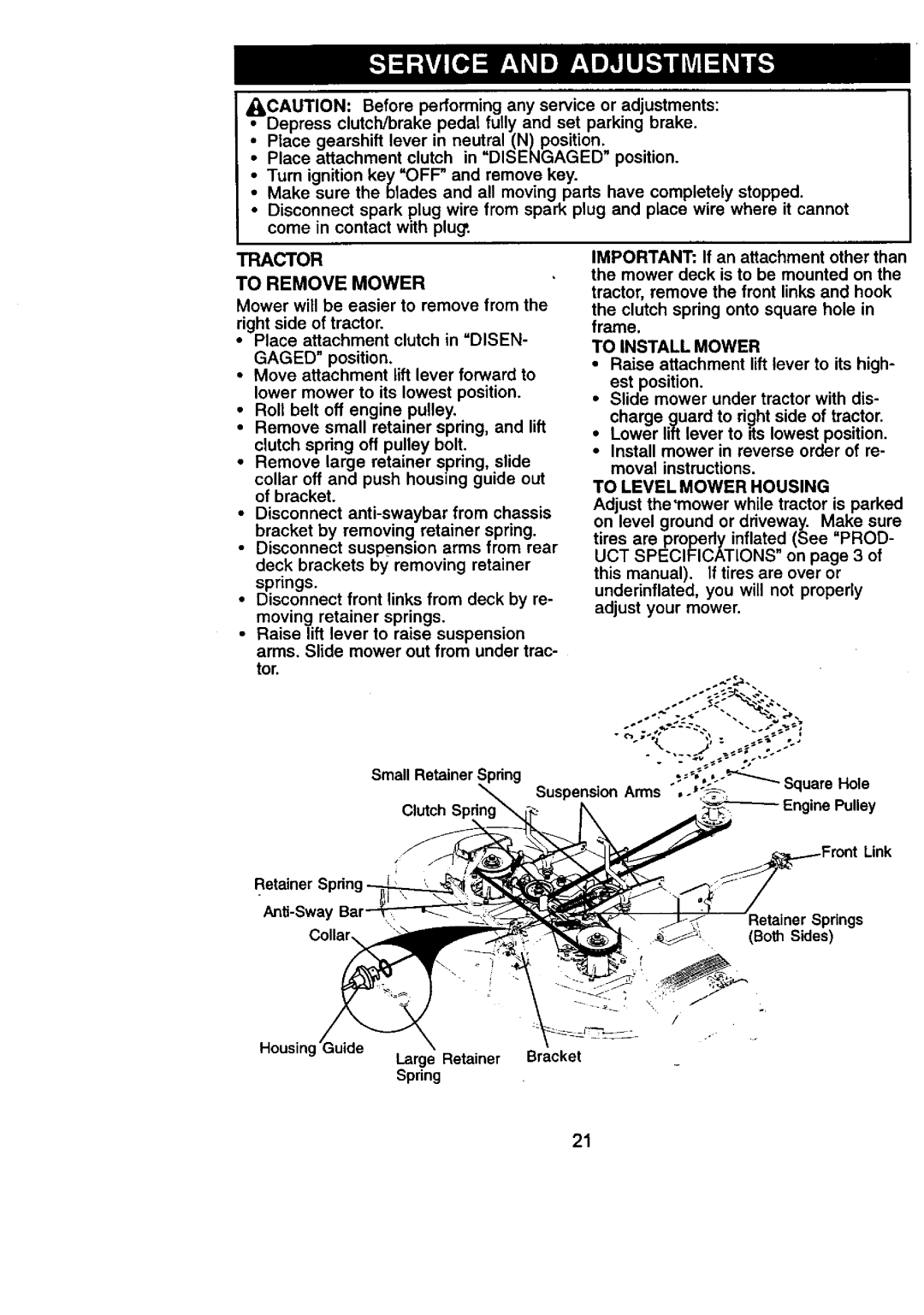 Craftsman 917.270831 owner manual Tractor, To Remove Mower, To Install Mower, To Level Mower Housing 