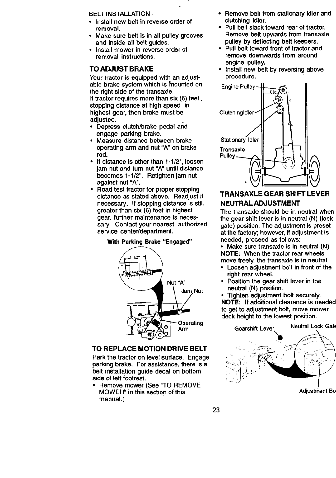 Craftsman 917.270831 To Adjust Brake, To Replace Motion Drive Belt, Transaxle Gear Shiftlever, Neutral Adjustment 