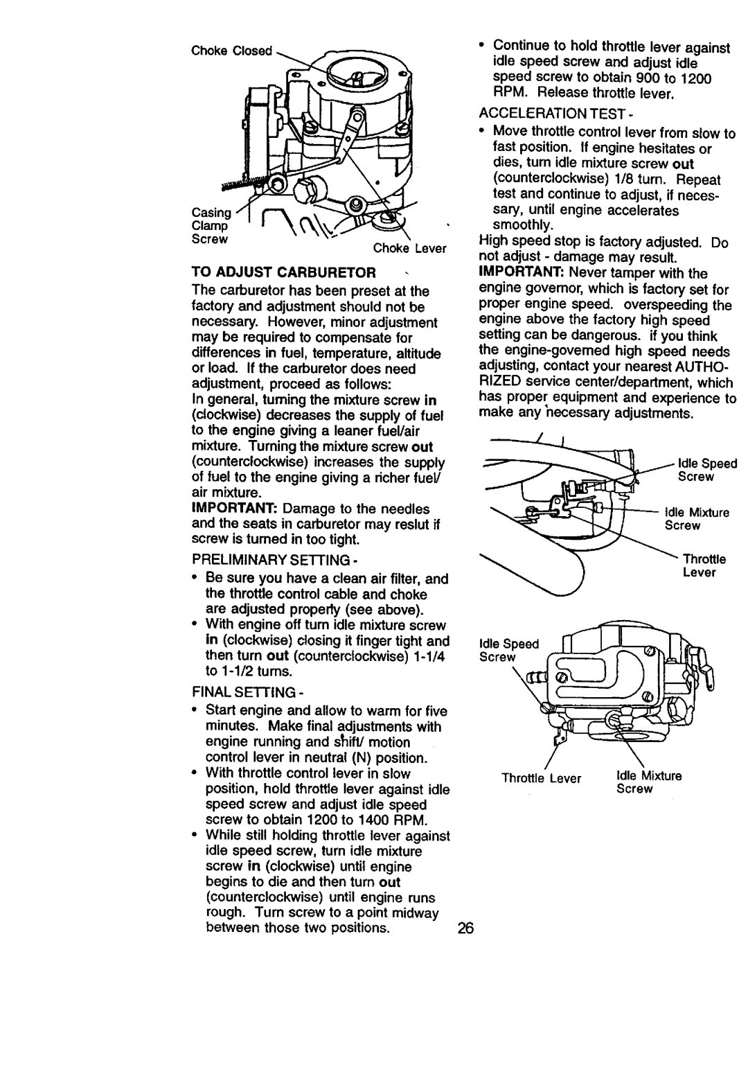 Craftsman 917.270831 owner manual To Adjust Carburetor, Preliminary S EI-IING, Acceleration Test 