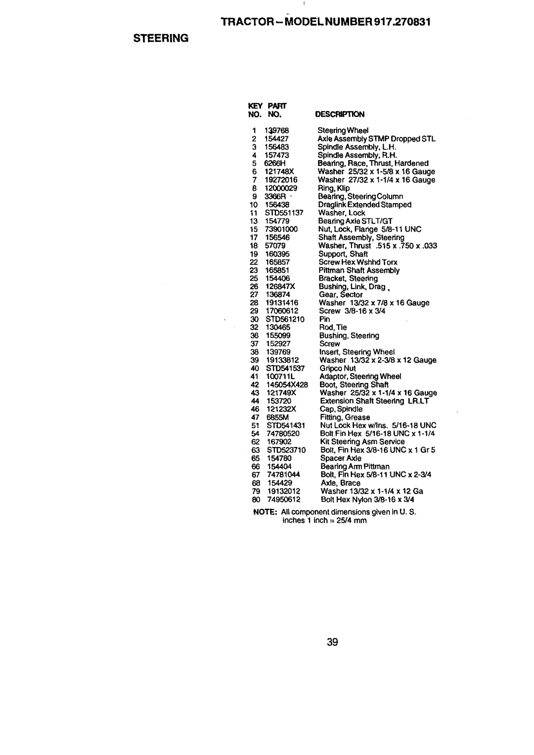 Craftsman 917.270831 owner manual Steering, TRACTOR- Model Number, No. No. Des 