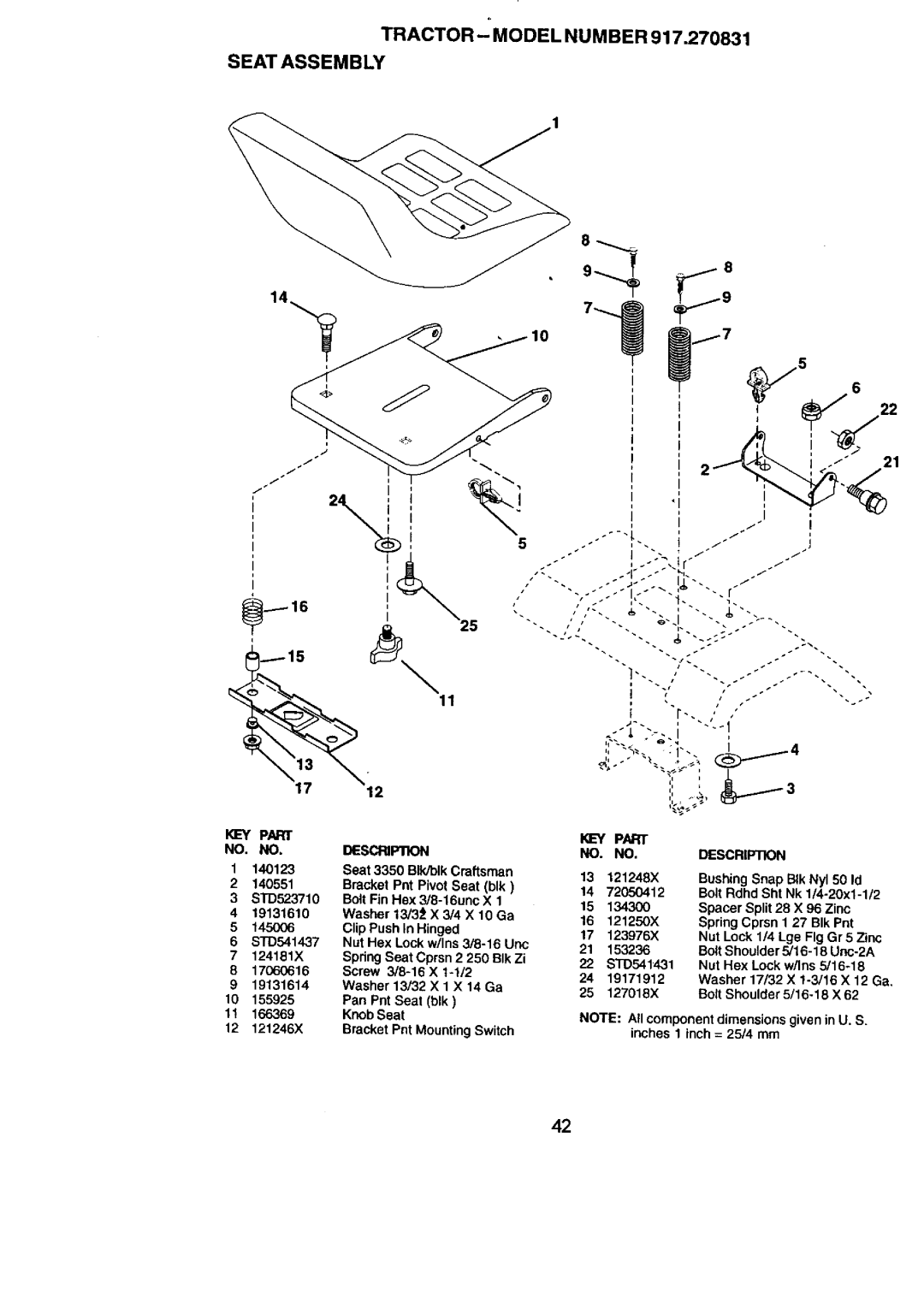 Craftsman 917.270831 owner manual Seat Assembly, Tractor --MODEL Number 