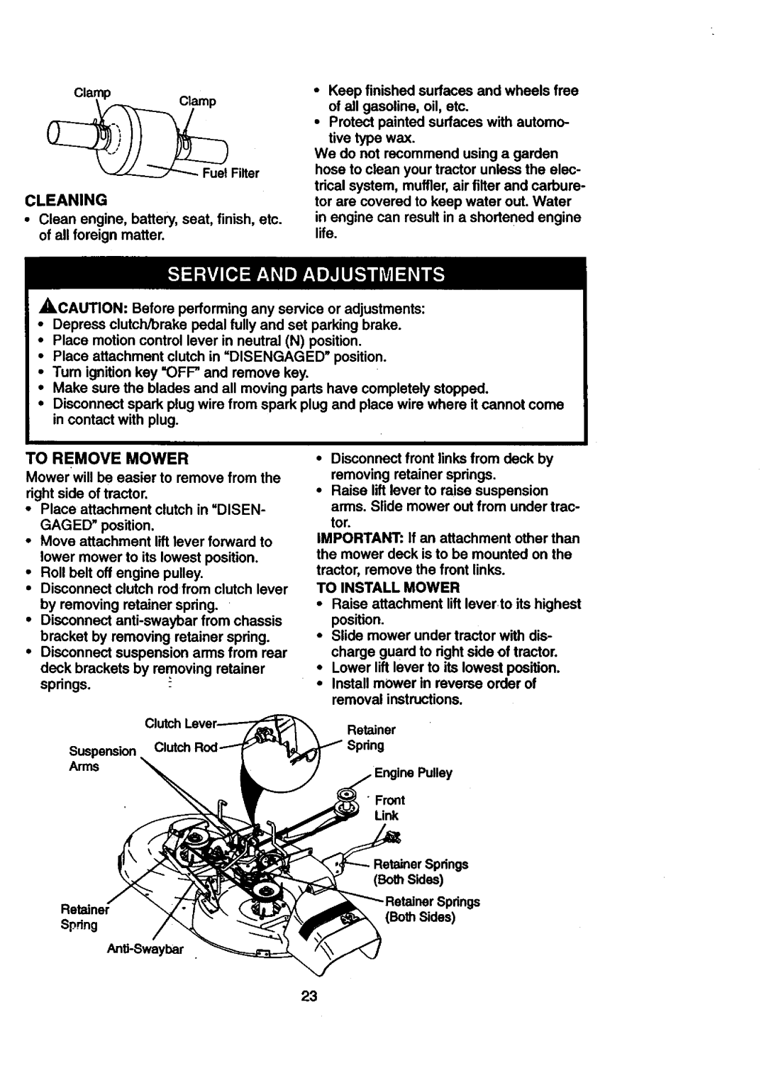 Craftsman 917.27084 Fuel Filter, Cleaning, To Remove Mower, To Install Mower, Suspeon Arms Retainer Spring AntJ-Swaybar 