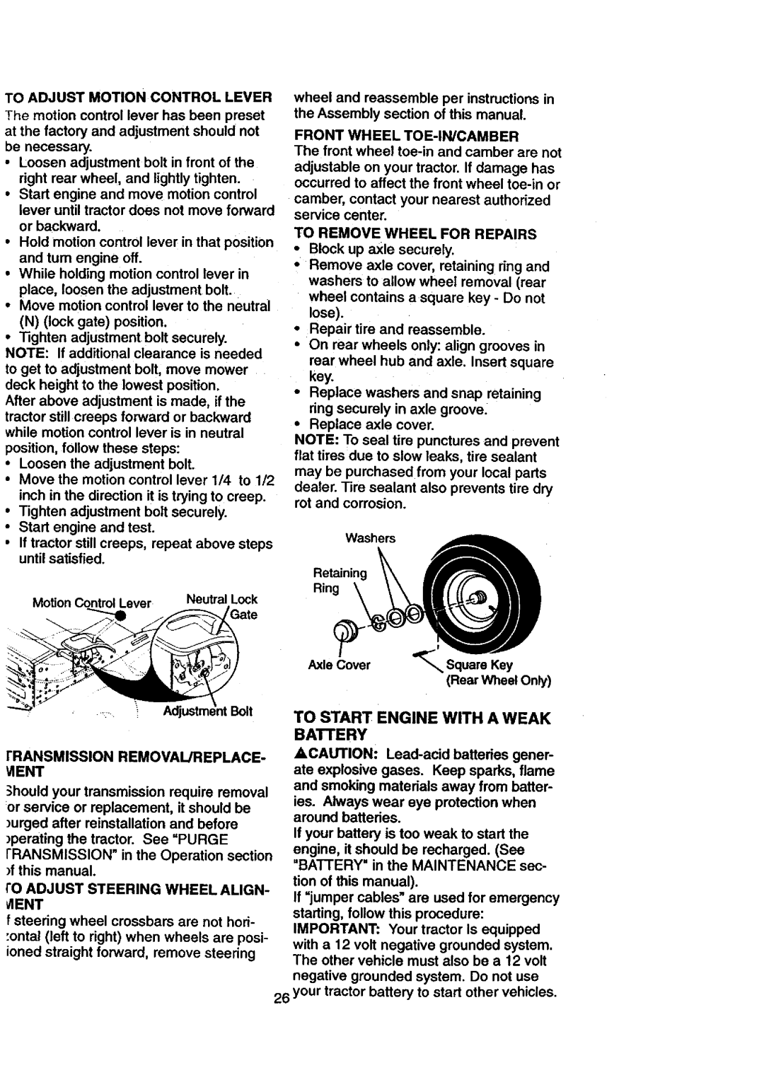 Craftsman 917.27084 RRANSMISSION REMOVAL/REPLACE- Ient, To Start Engine with a Weak Battery, Front Wheel TOE-IN/CAMBER 