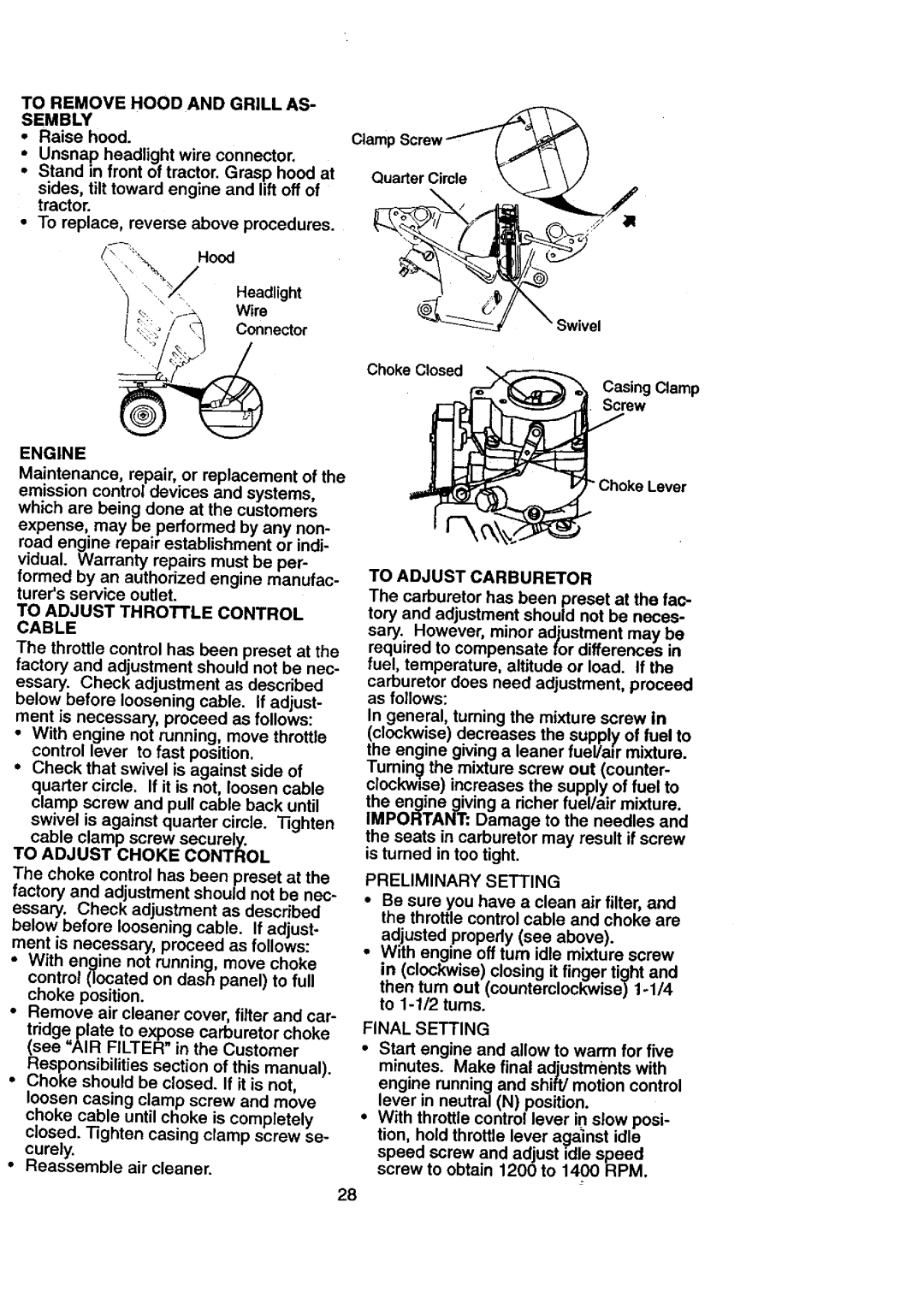 Craftsman 917.27084 To Remove Hood and Grill AS- Sembly, Engine, To Adjust Throttle Control Cable, To Adjust Choke Control 