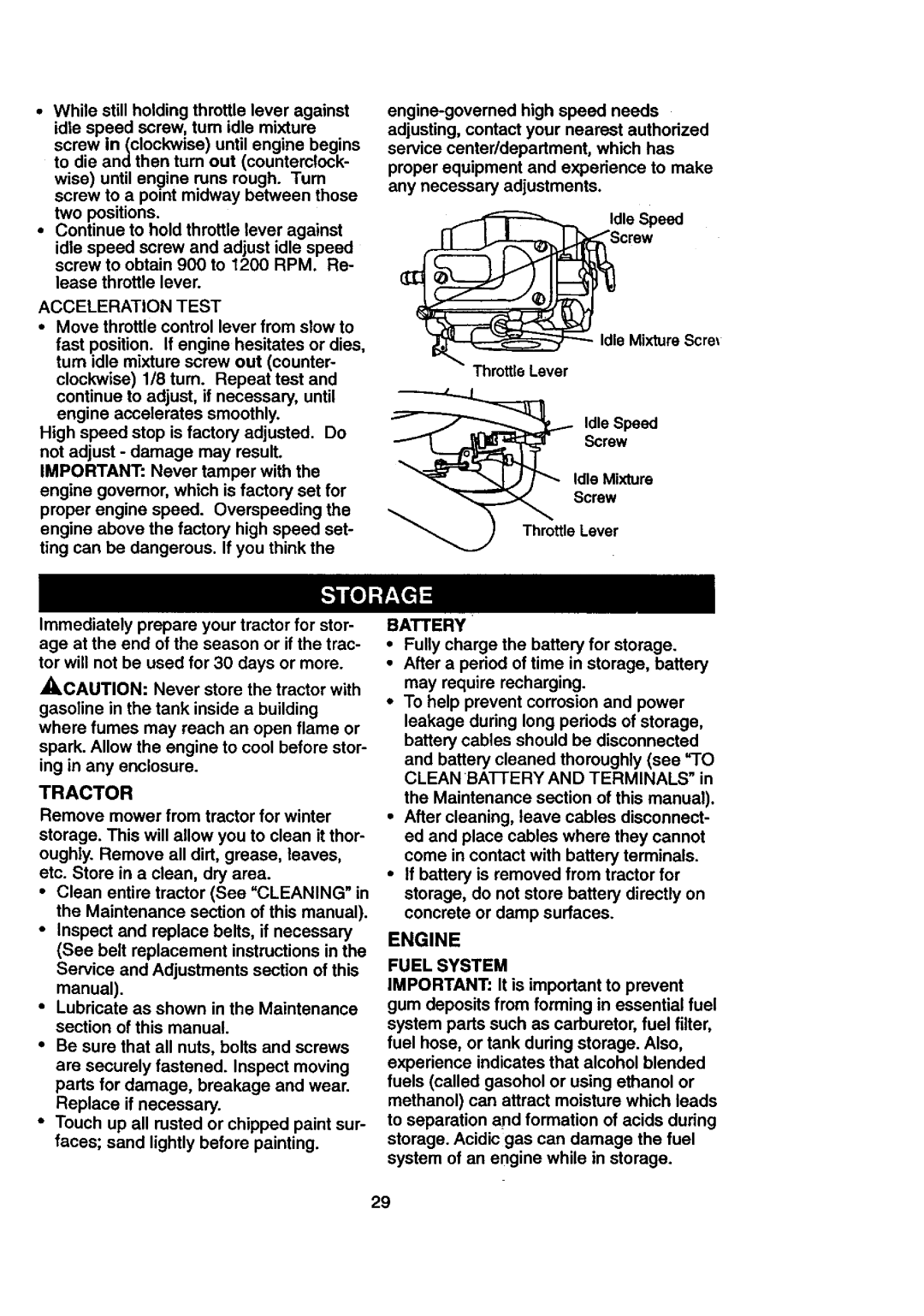 Craftsman 917.27084 manual Acceleration Test, Tractor, Fuel System 