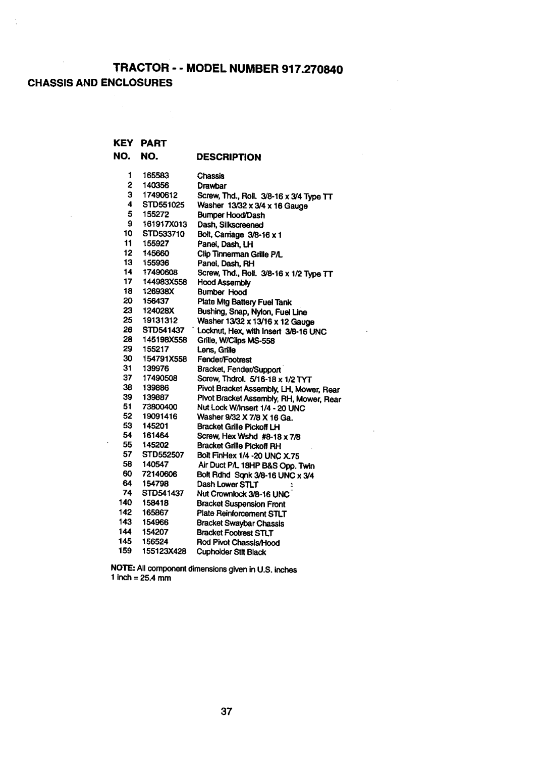 Craftsman 917.27084 manual Tractor - Model Number Chassis and Enclosures, KEY Part NO. NO.DESCRIPTION 