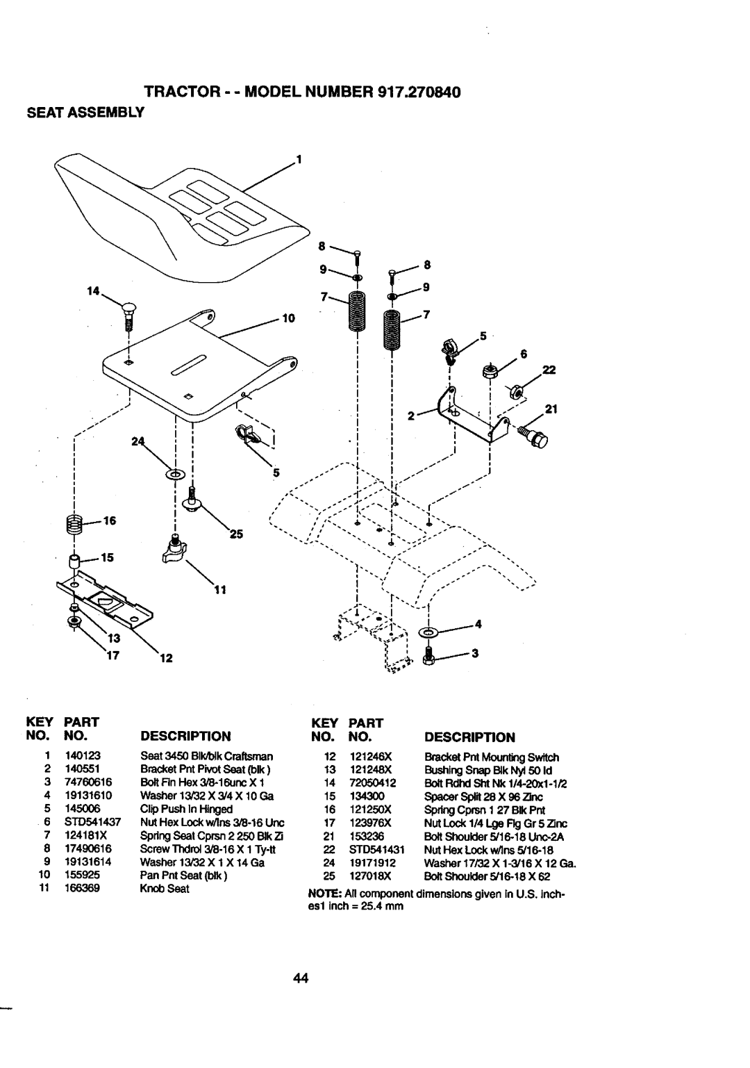 Craftsman manual Tractor - Model Number 917.270840 Seatassembly, Spacers128 x 9snc, KEY Part NO. no 