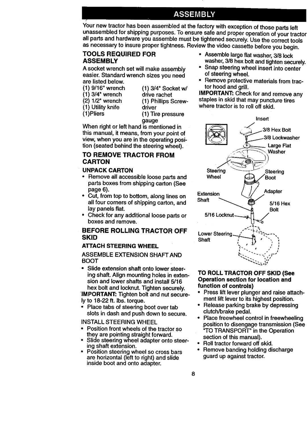 Craftsman 917.27084 manual Tools Required for Assembly, Before Rolling Tractor OFF Skid 