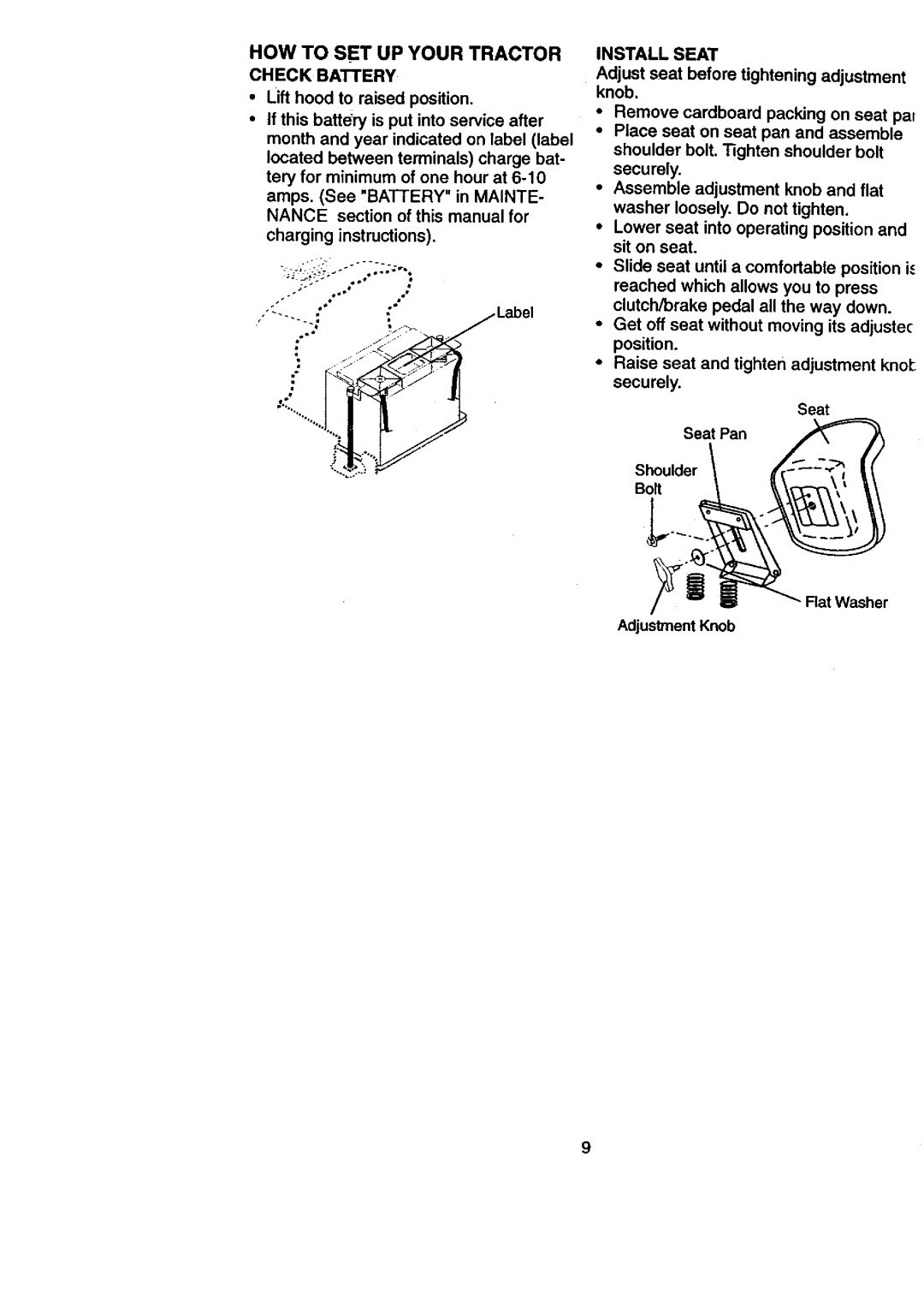 Craftsman 917.27084 manual HOW to SET UP Your Tractor, Check Battery, Install Seat, Seat Seat Pan Shoulder, Adjustment Knob 