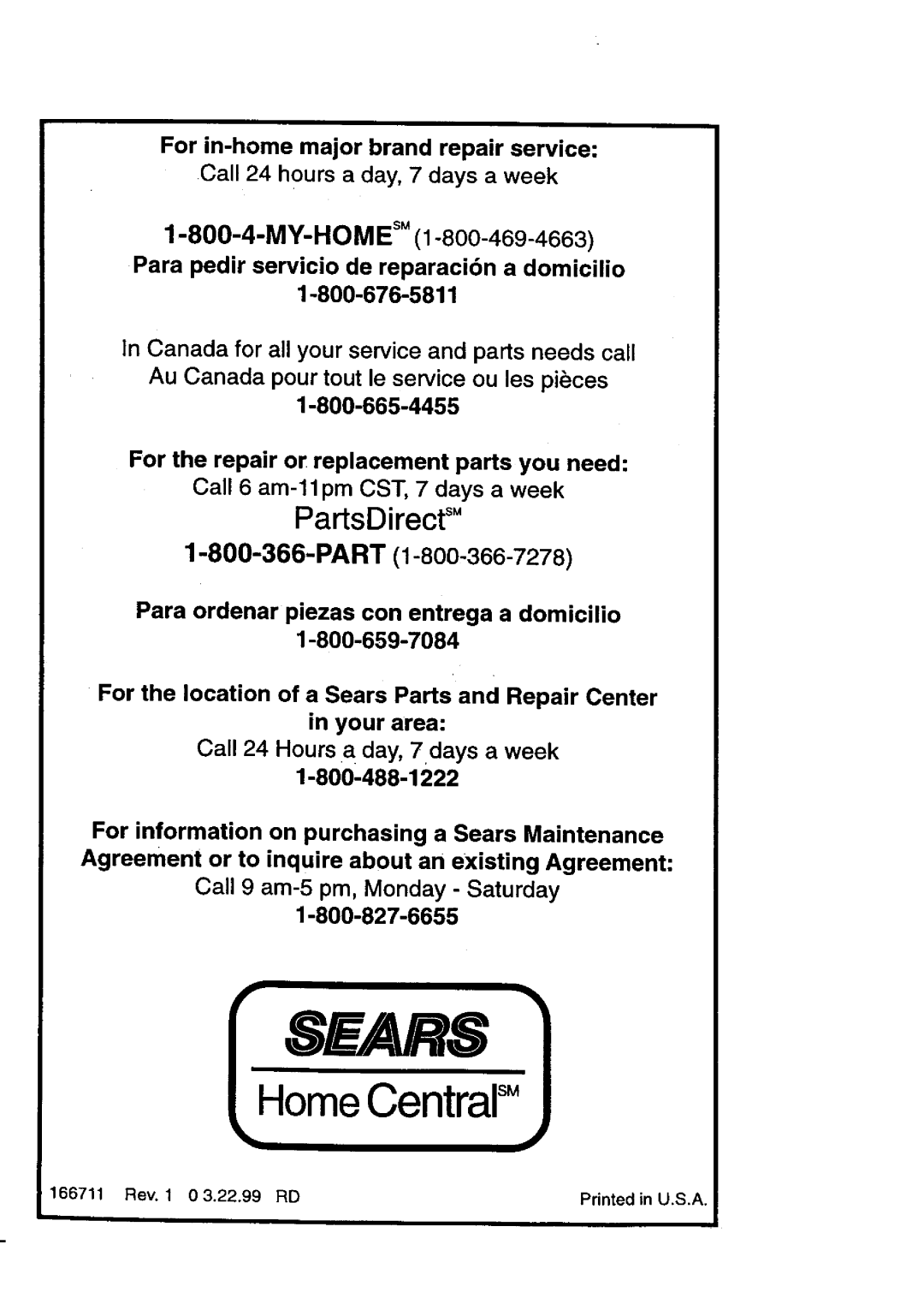 Craftsman 917.27084 manual PartsDirectS, Sears, HomeCentralsM, MY-HOM E s, Para pedir servicio de reparaci6n a domicilio 