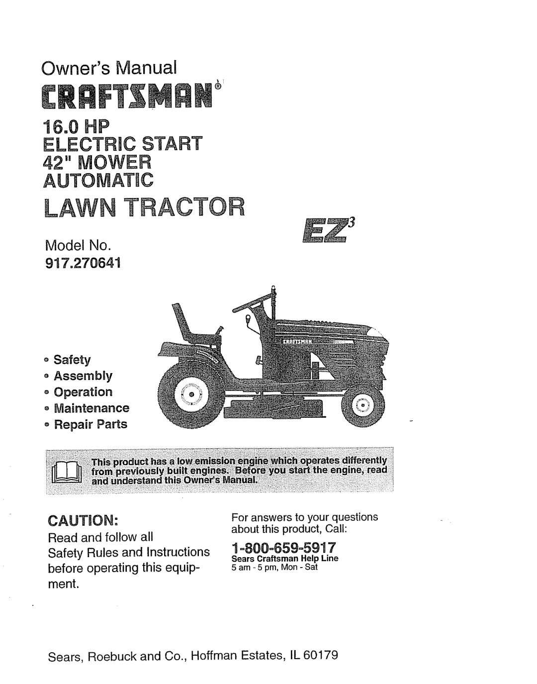 Craftsman 917270841 owner manual Lawn Traoto, Sears Craftsman Help Line 