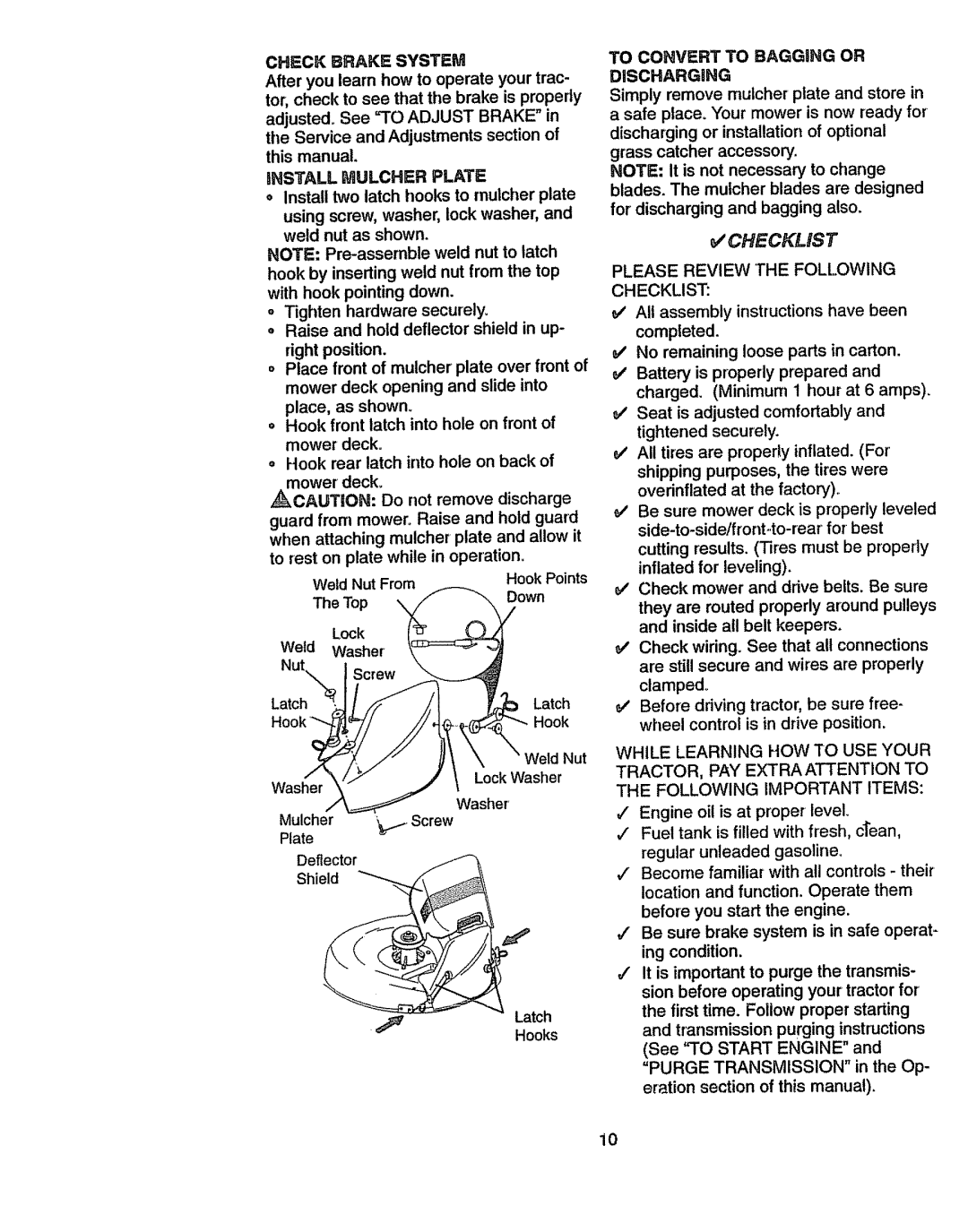 Craftsman 917270841 owner manual Check Brake System, To Convert to Bagging or Discharging, Please Review the Following 