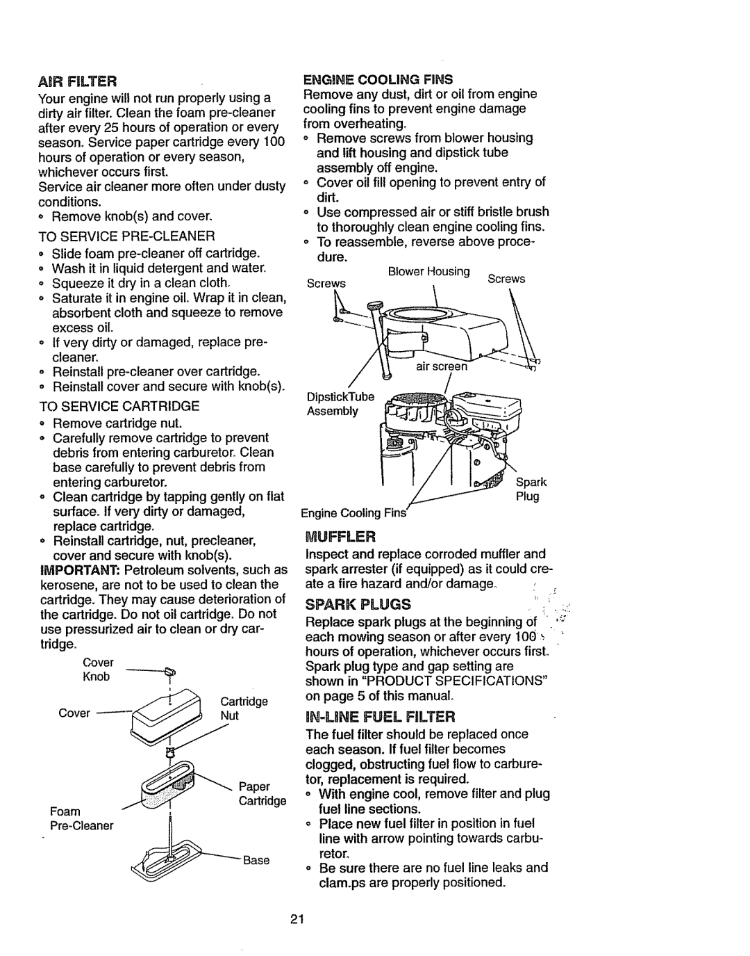 Craftsman 917270841 owner manual Engine Cooling Fins, Plugs, On page 5 of this manual NN-LBNEFUEL Filter 