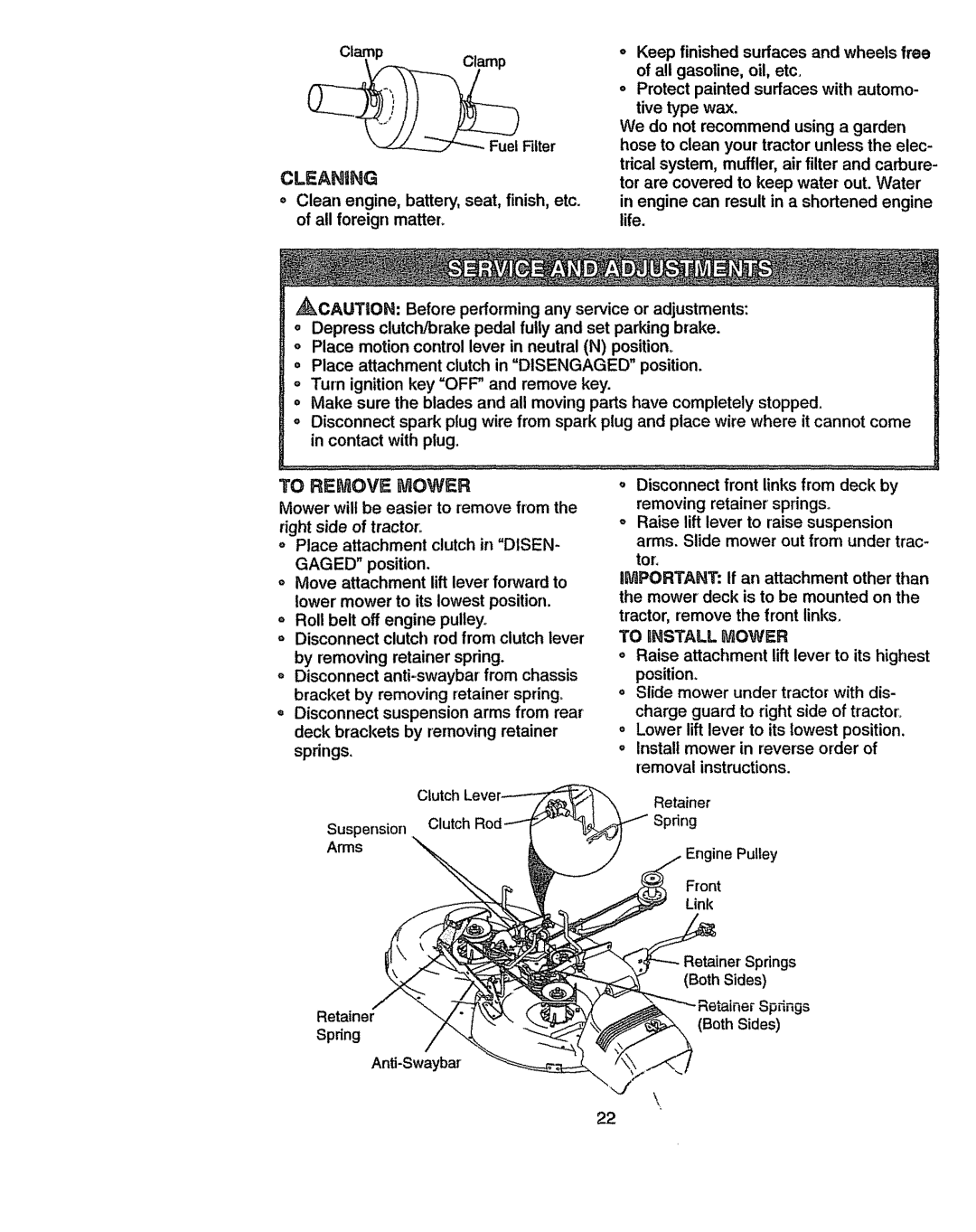 Craftsman 917270841 owner manual Cleaning, All gasoline, oil, etc, To Remove Mower, Right side of tractor, Spring 