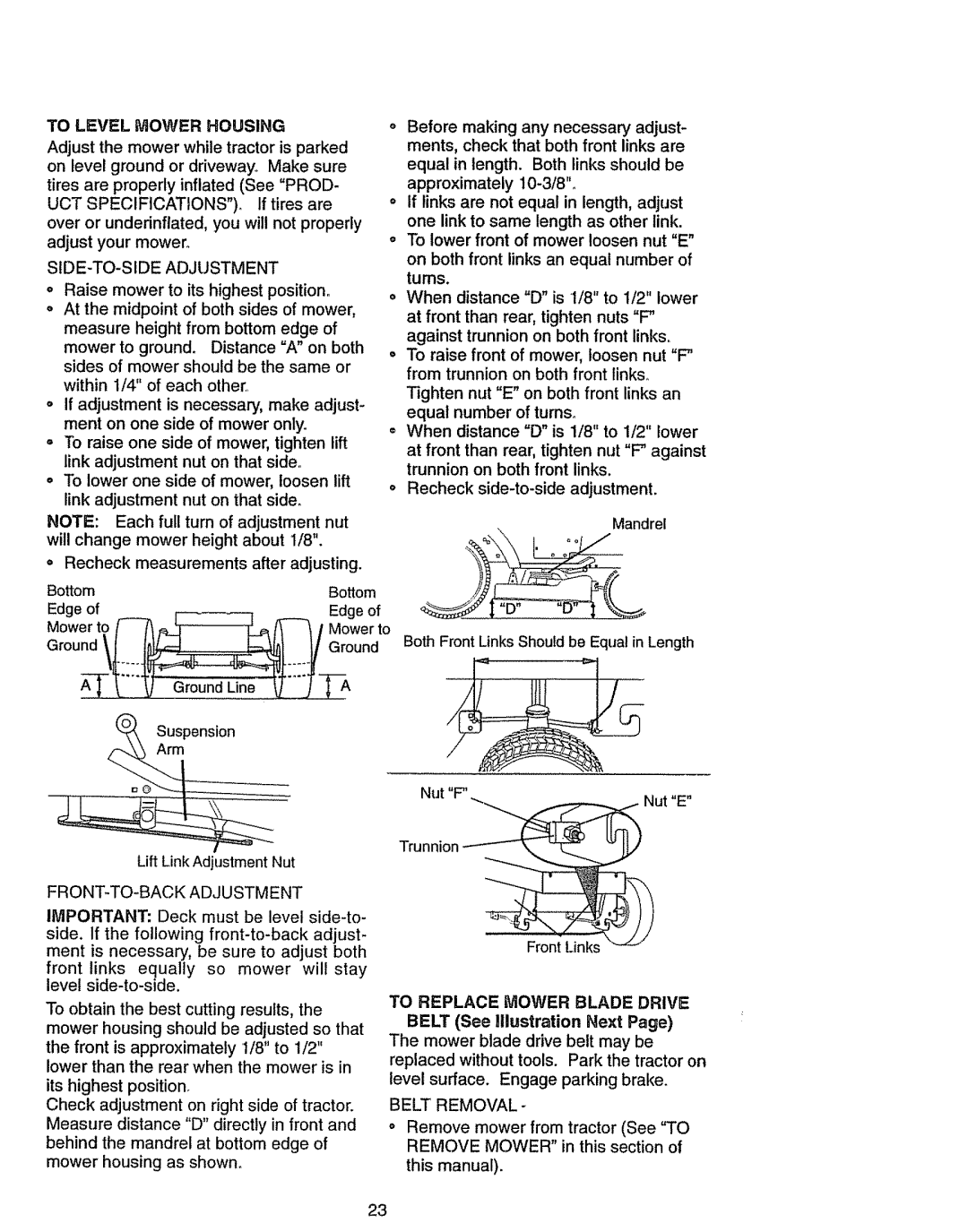 Craftsman 917270841 owner manual Belt Removal, Tolevel Mower Housing, SIDE-TO-SIDE Adjustment, FRONT-TO-BACK Adjustment 