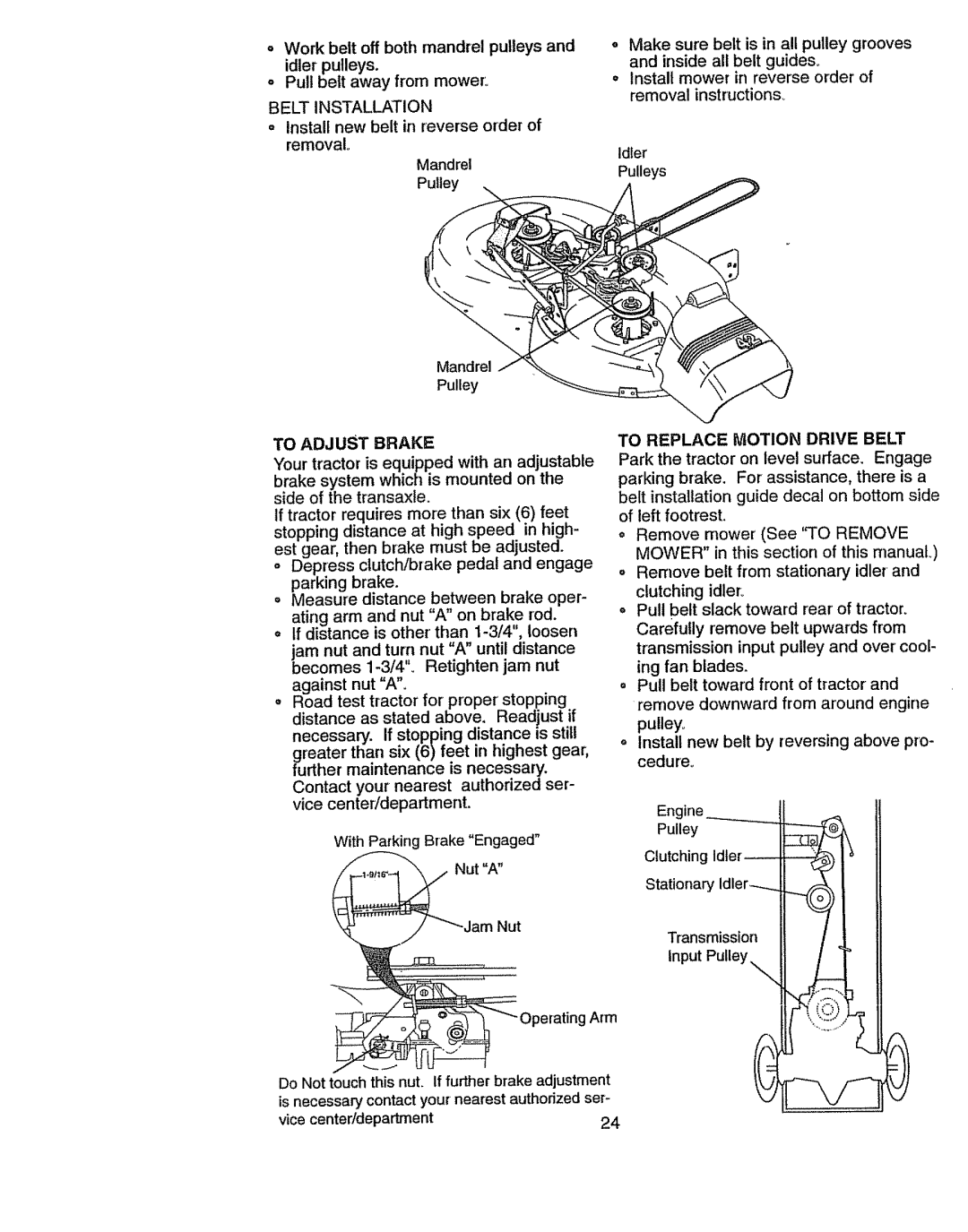 Craftsman 917270841 Belt Installation, To Adjust Brake, Brake system which is mounted on the side of the transaxle 