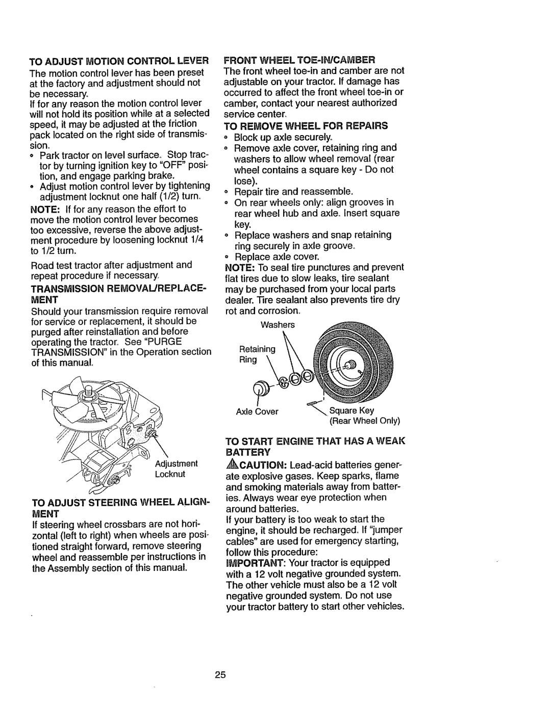 Craftsman 917270841 Front Wheel TOE4N/CAMBER, To Adjust Motion Control Lever, To Adjust Steering Wheel ALIGN- Ment 